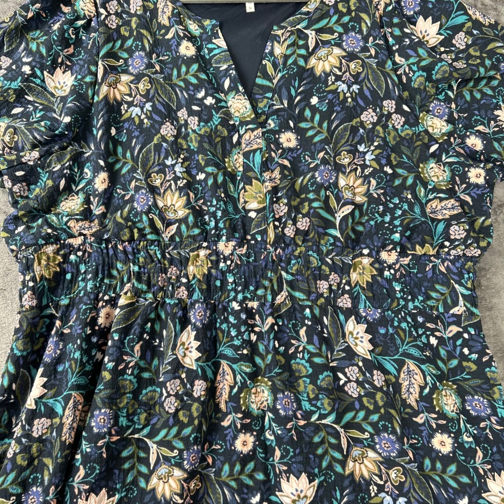 Maurices Women 3X Floral V-Neck Smocked Waist Ruffle Hem Mini Dress Navy Blue - Picture 3 of 8